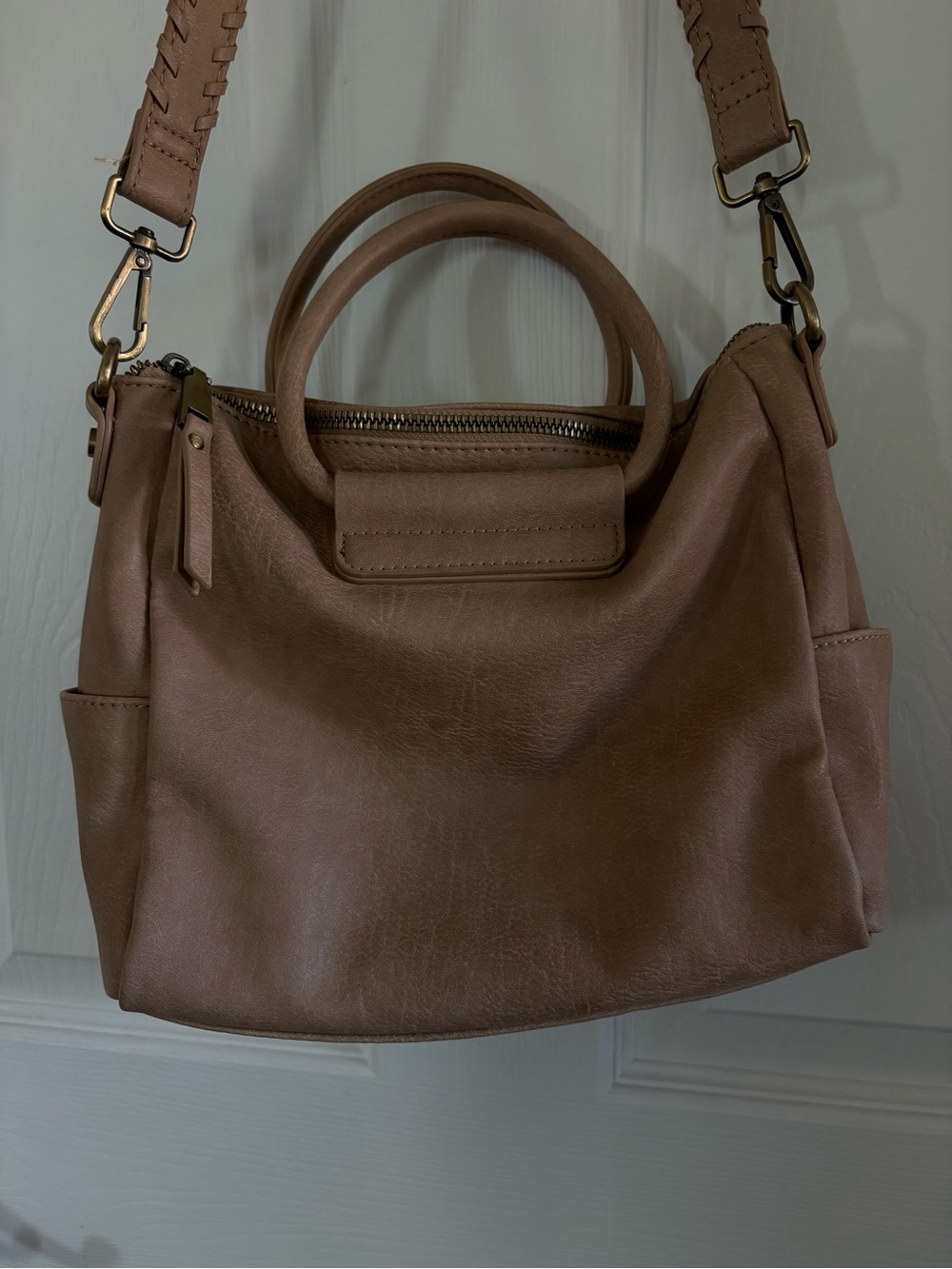 ANTHROPOLOGIE ANTIK KRAFT BAG TAN XBODY CONVERTIBLE BLK/WHITE FABRIC LINED ZIP